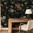 Dark Background Cream Floral Wallpaper