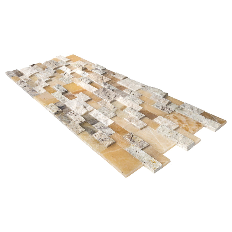 Davinci 3D Panel 6x24 Natural Travertine Onyx Wall Tile Honed splitface mixed multiple profile view