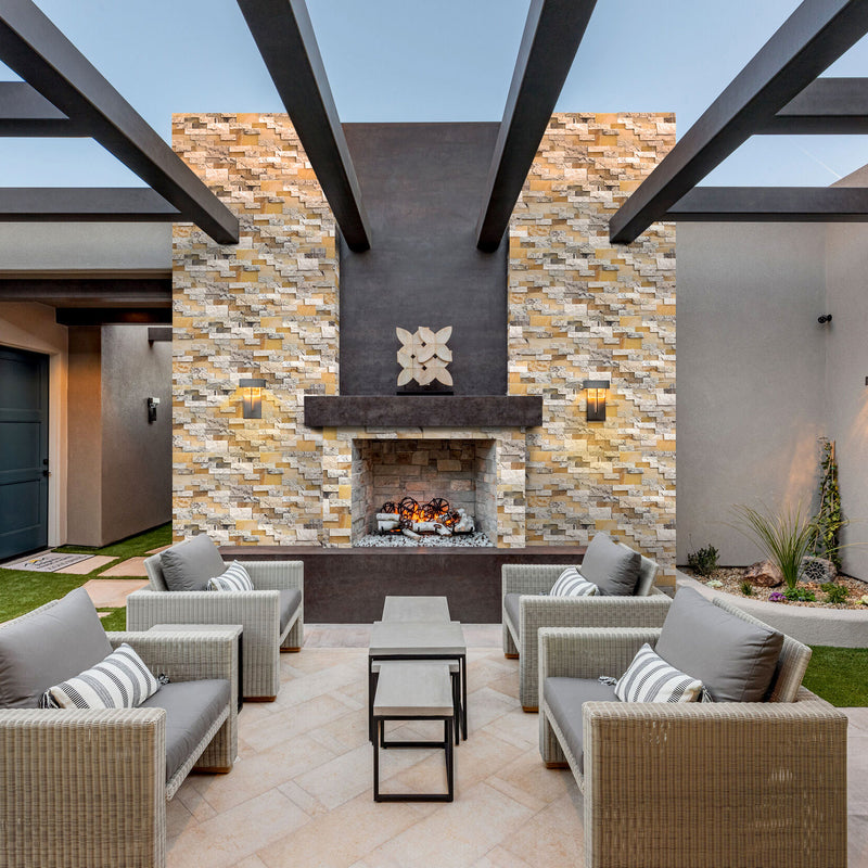 Davinci 3D Panel 6x24 Natural Travertine Onyx Wall Tile Honed splitface mixed installed patio seating group-square