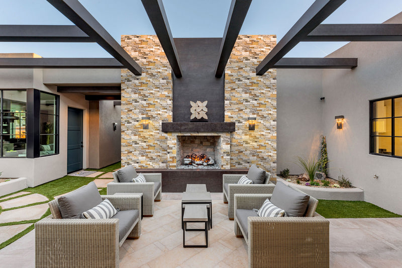 Davinci 3D Panel 6x24 Natural Travertine Onyx Wall Tile Honed splitface mixed installed patio seating group