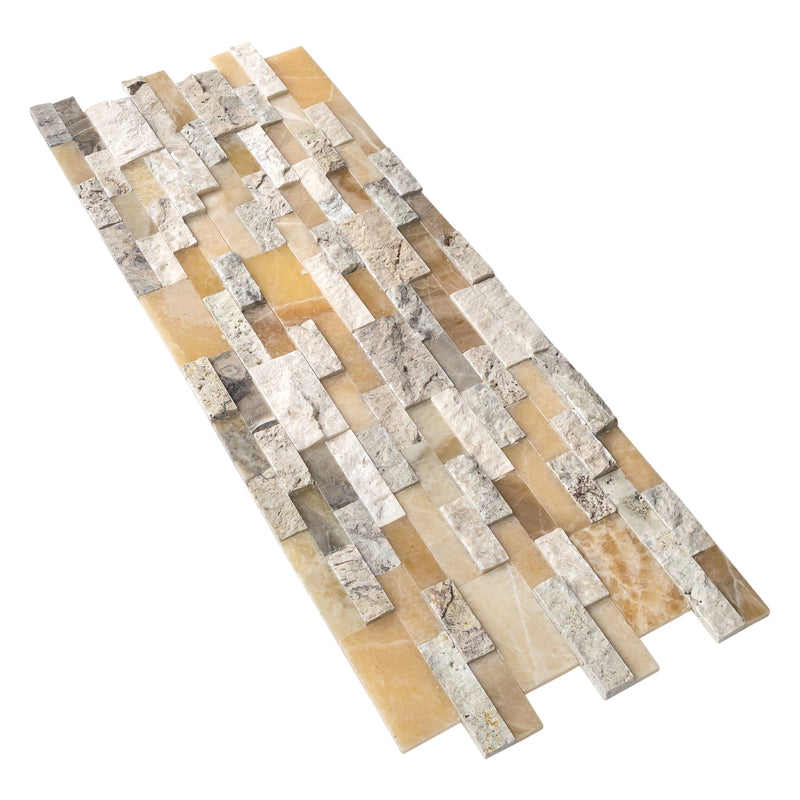 Davinci 3D Panel 6x24 Natural Travertine Onyx Wall Tile Honed splitface mixed angle view