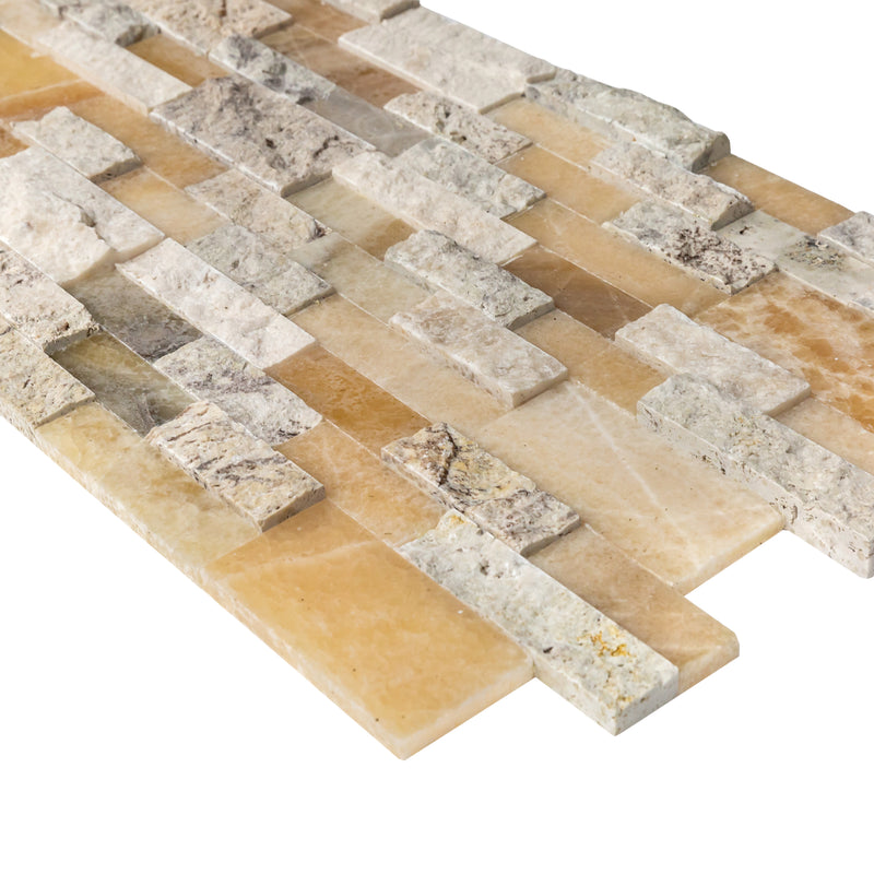 Davinci 3D Panel 6x24 Natural Travertine Onyx Wall Tile Honed splitface mixed profile closeup view
