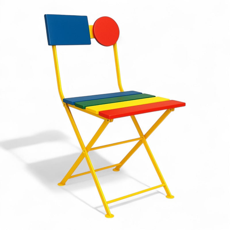 Colorful folding chair with a blue backrest, red seat, and green seat pad on a white background.