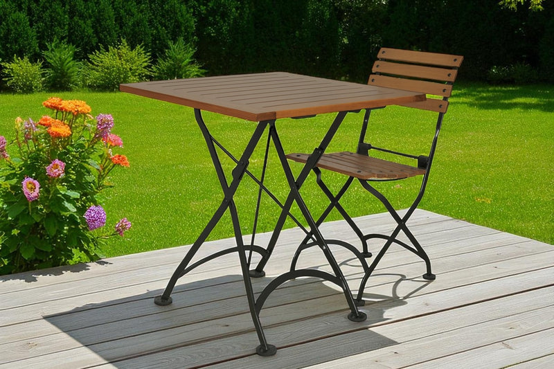 DemarForge Folding Chair 5504 - Stackable - European Chestnut Wood Clear Coated Slats (Set of 2) with folding table outdoor view