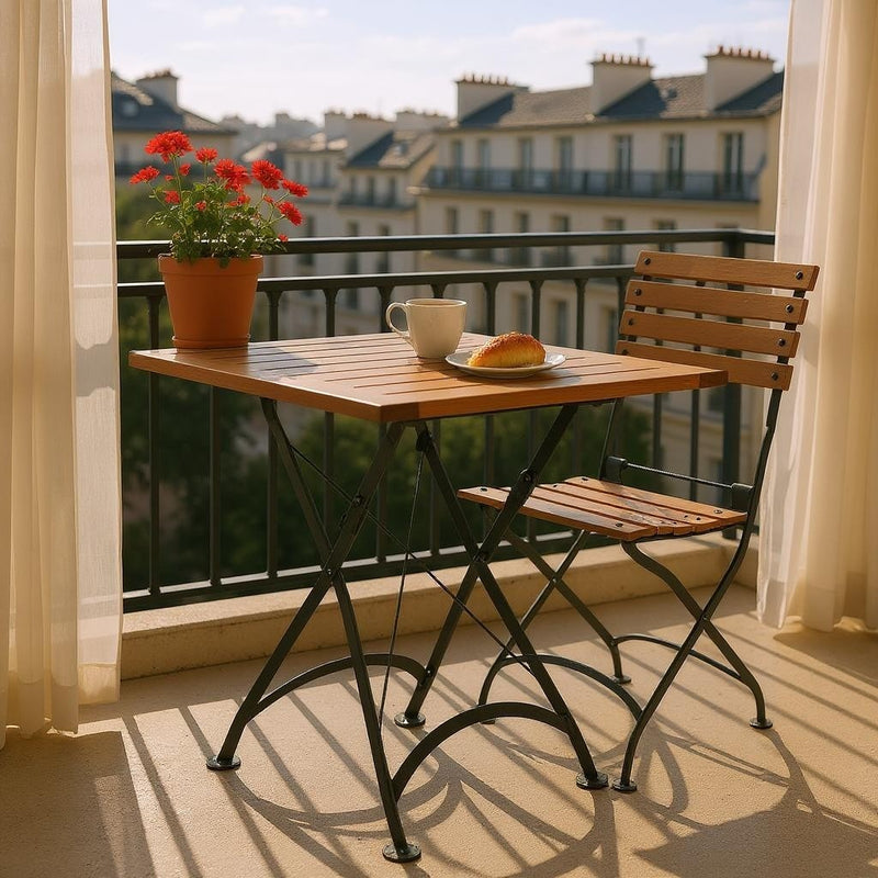 DemarForge Folding Chair 5504 - Stackable - European Chestnut Wood Clear Coated Slats (Set of 2) with folding table croissant and coffee on the table