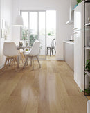 SPC Vinyl Rigid Core 7" Width 60" RL, 7mm Thick, 1.5mm IXPE Demure Natural Meraki Floors - Mazzia Collection Media Product shoot room view