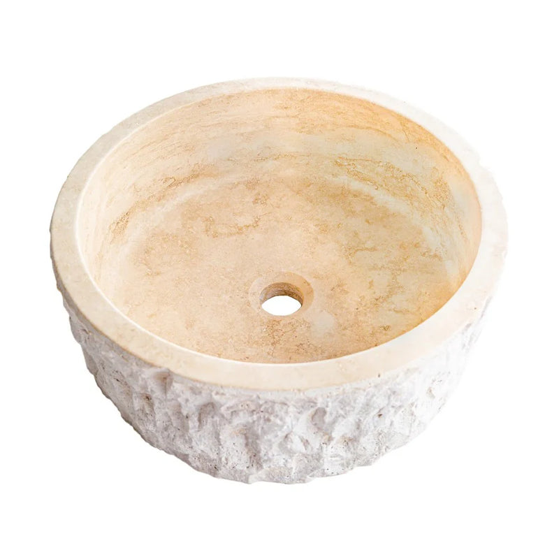 Denizli Beige Travertine Rustic Stone Round Above Vanity Bathroom Sink (D)16" (H)6" angle view