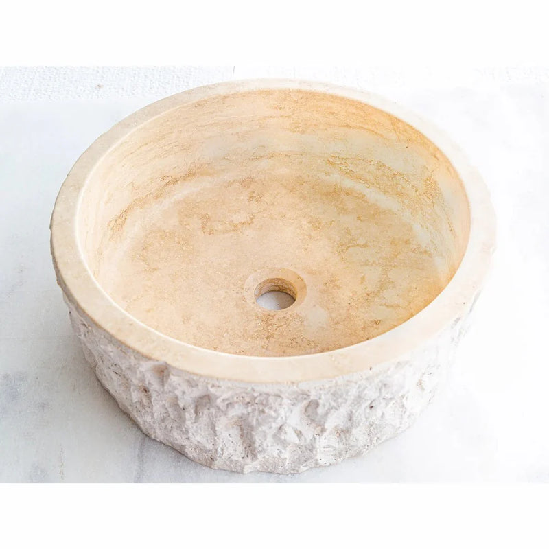 Denizli Beige Travertine Rustic Stone Round Above Vanity Bathroom Sink (D)16" (H)6" angle view