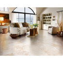 Denizli Beige Antique Pattern Travertine Tile - Full Truckload brushed and eased edge installed condo floor with beige couch and wooden side tables flower on top