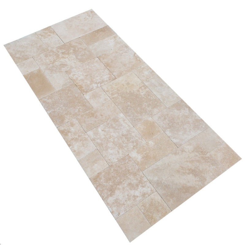 Denizli Beige Antique Pattern Travertine Tile - Full Truckload brushed and chiseled angle view