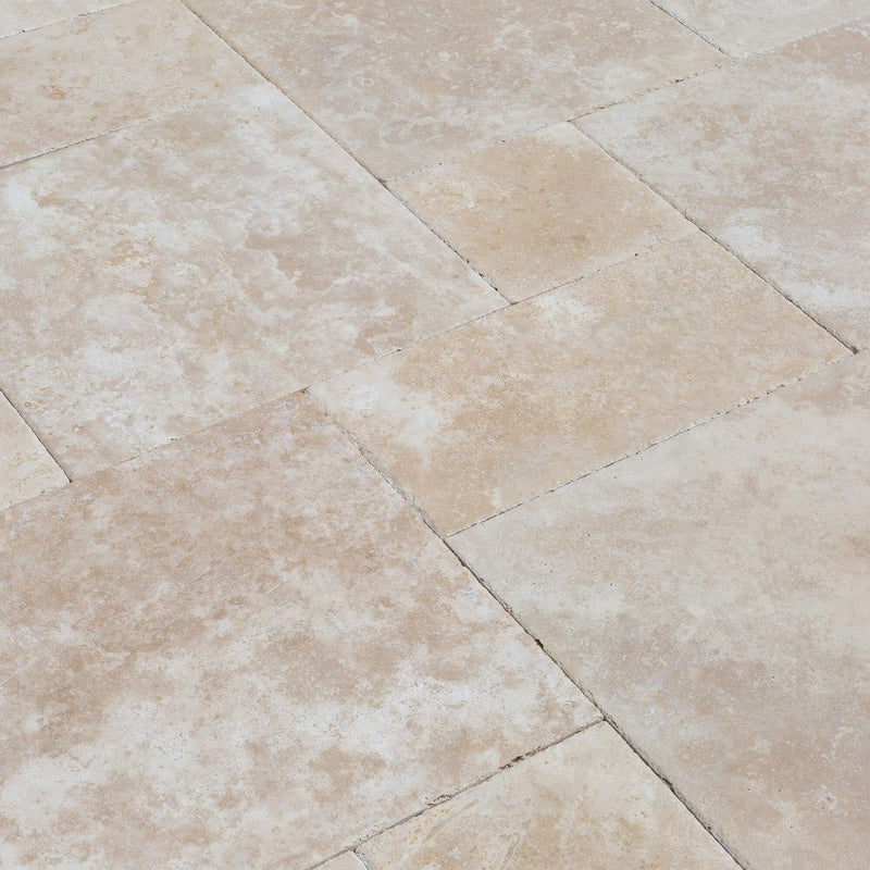 Denizli Beige Antique Pattern Travertine Tile - Full Truckload brushed and chiseled closeup view