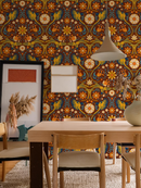 Folkie Birdie Wallpaper, rust, marigold and blue