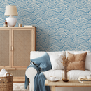 Chinoiserie Wallpaper with a Stylized Ocean Wave Motif in Blue and White - E001