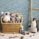 Chinoiserie Wallpaper with a Stylized Ocean Wave Motif in Blue and White - E001