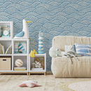 Chinoiserie Wallpaper with a Stylized Ocean Wave Motif in Blue and White - E001