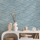 Chinoiserie Wallpaper with a Stylized Ocean Wave Motif in Blue and White - E001
