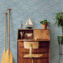 Chinoiserie Wallpaper with a Stylized Ocean Wave Motif in Blue and White - E001
