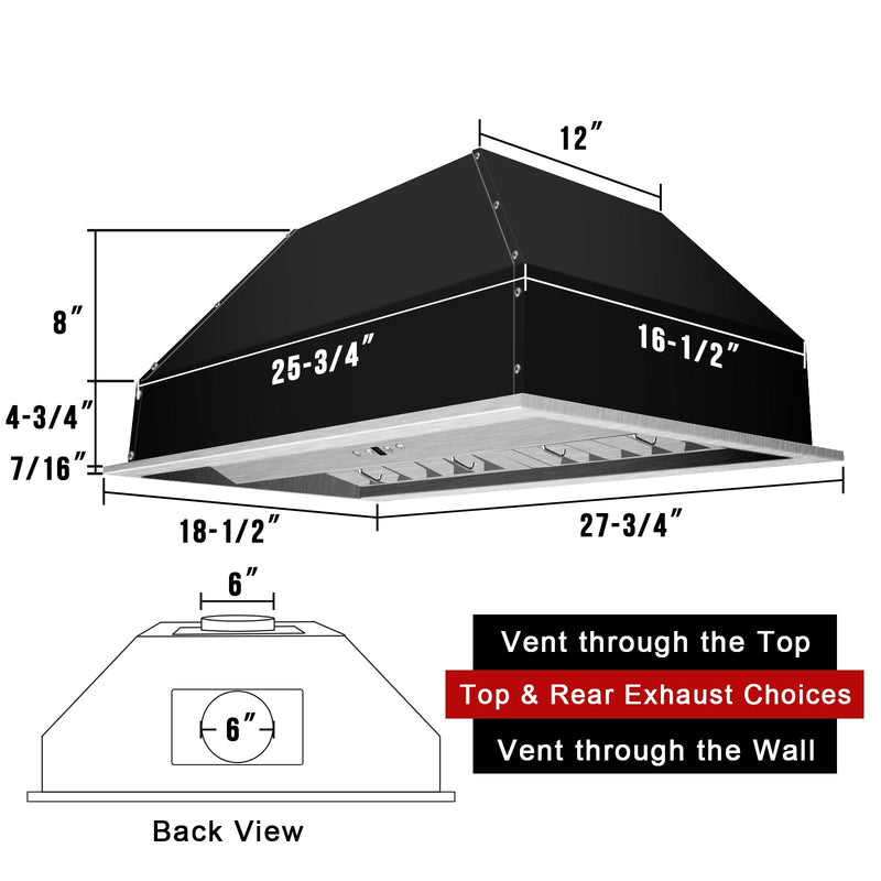 Range Hood Insert 30 Inch, Ultra Quiet, Powerful Suction Built-in Kitchen Vent Hood, Stainless Steel Ducted Stove Hood with Dimmable LED Lights Warm White, 3-Speeds 600CFM