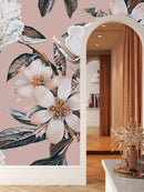 Beige Wallpaper with White Flowers