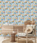 Flowers on Blue Background Wallpaper