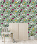 Green Wallpaper with Flowers and Birds