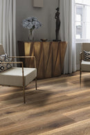 SPC Vinyl Rigid Core 9" Width 48" RL, 6mm with attached cushion, Early America Floors - Livfloors Collection plank view chair living room view