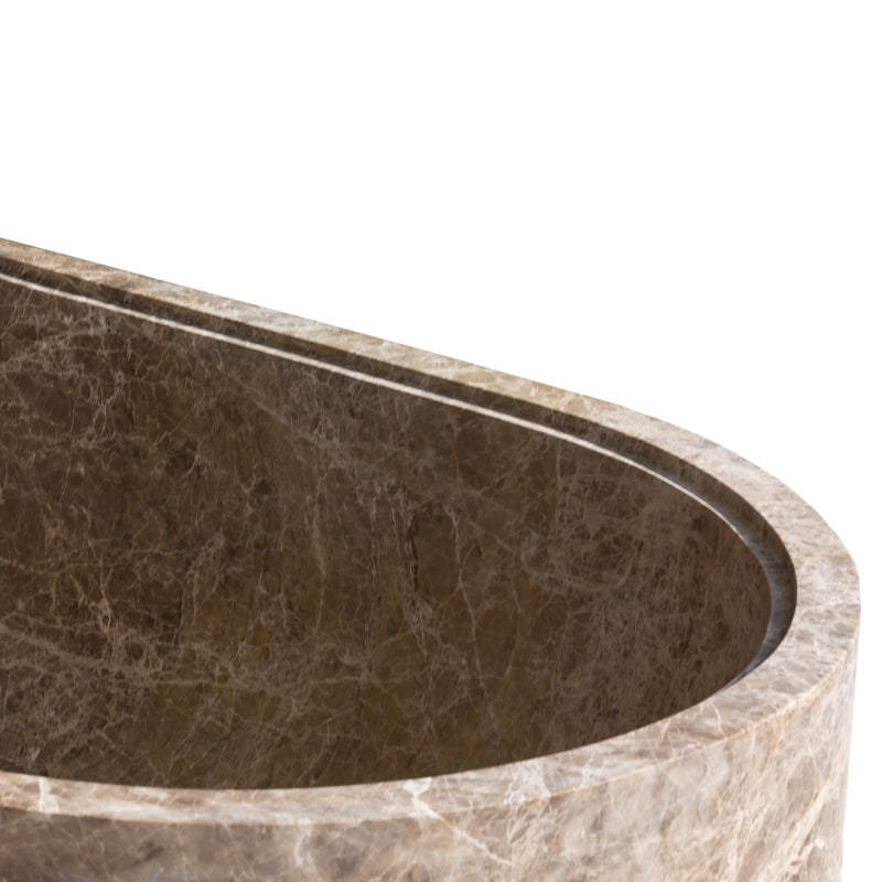Emperador Light Marble Bathtub Hand-carved from Solid Marble Block (W)29.5" (L)67" (H)19.5" profile closeup view