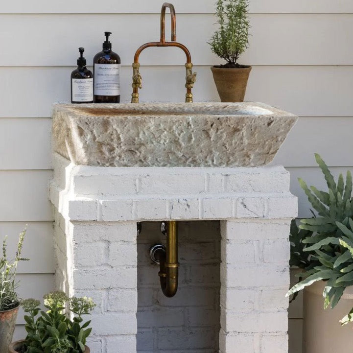 Ephesus Light Travertine Rustic Old-world Look Wall-mount Outdoor Sink(W)18" (L)28" (H)8" installed outdoor