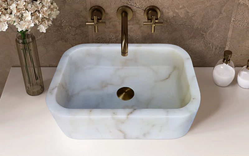 European Sugar Marble Sink Natural Stone Rectangular sink bathroom wide view 