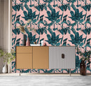 Pink Wallpaper with Large Leaves