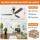 56 Inch Louise Downrod Mount LED Wood Blades Ceiling Fan with Remote Control