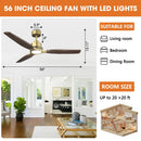 56 Inch Soft Brass Solid Wood Blades LED Ceiling Fan with Remote Control