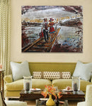 Romance Romantic Couple Walking Bridge Boardwalk Lake Pond Scene Wood 3D Wall Art Mixed Media Painting
