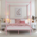 Full size French Country Style Four Poster Metal Canopy Bed in Pink Finish