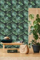 Dark Wallpaper with Monstera Leaves