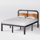 Full size Heavy Duty Black Metal Bed Frame with Solid Wood Panel Headboard