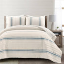 Full/Queen Blue Off-White Stripe 3 Piece Reversible Cotton Quilt Set