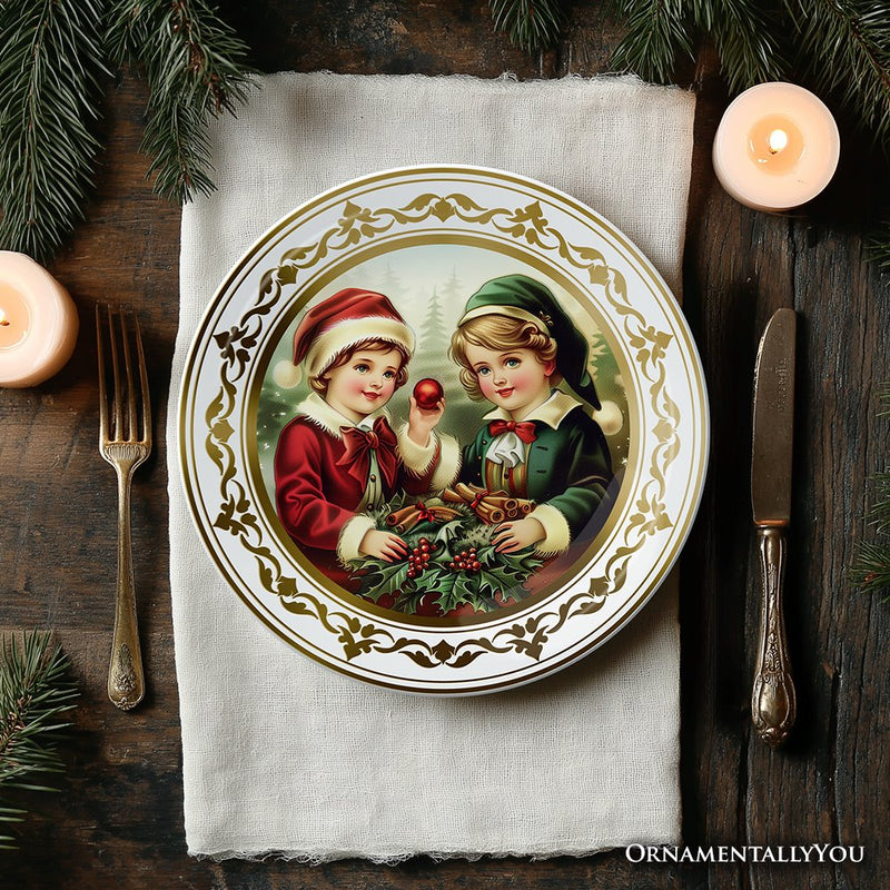 (Pre-Order) Victorian Elegance Set of 4 Plates with Real Gold Trim, Holiday Christmas Red and Green Tableware Collection for Salad, Dessert, Appetizer, and Side Plates