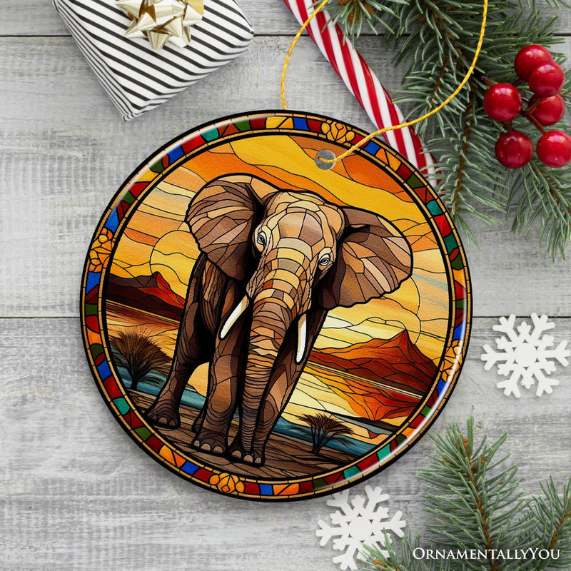 Safari Elephant Trek Stained Glass Style Ceramic Ornament, African Animals Christmas Gift and Decor