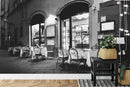 Black and White European Café Street Diner Wallpaper Mural.