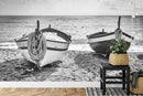 Black and White Nautical Theme Wallpaper Mural. Boat on Shore Wall Mural.