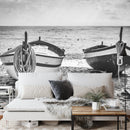 Black and White Nautical Theme Wallpaper Mural. Boat on Shore Wall Mural.