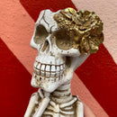 Fancy Skeleton Pot with Golden Flowers | Halloween Sculpture Figurine Decoration | Planter Pot Home Decor