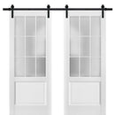 Felicia 3309 Matte White Double Barn Door with 9 Lites Frosted Glass | Black Rail