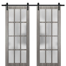 Felicia 3312 Ginger Ash Gray Double Barn Door with 12 Lites Frosted Glass | Black Rail
