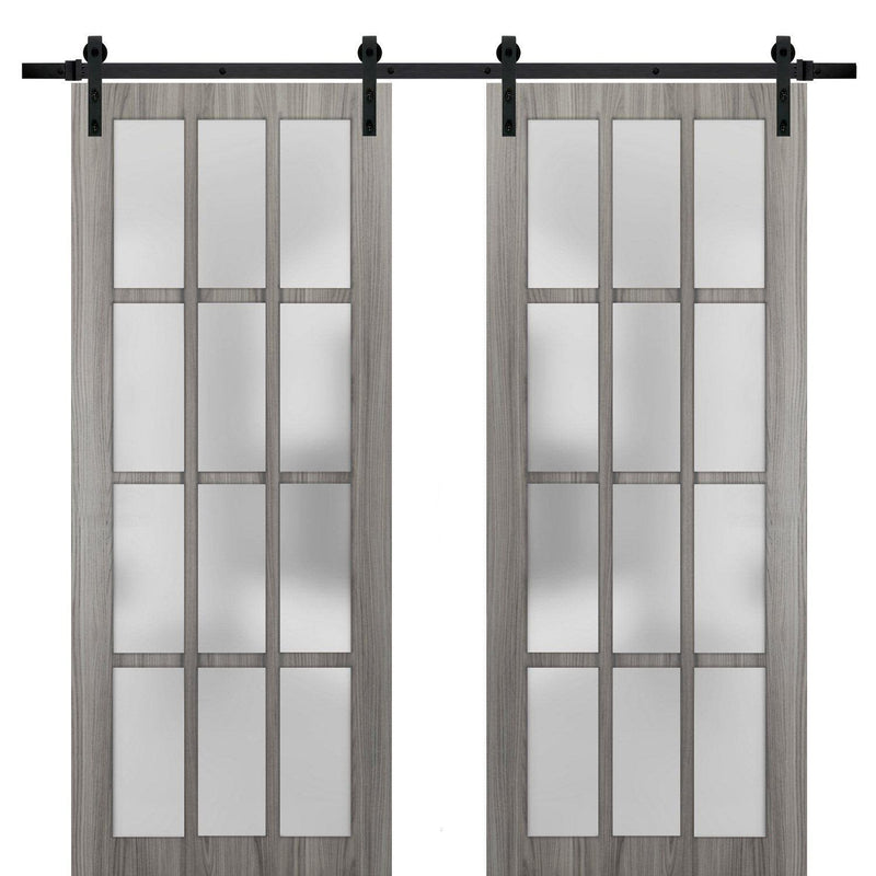 Felicia 3312 Ginger Ash Gray Double Barn Door with 12 Lites Frosted Glass | Black Rail