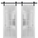 Felicia 3312 Matte White Double Barn Door with 12 Lites Frosted Glass | Black Rail