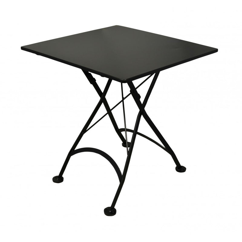 Black metal folding table on a white background