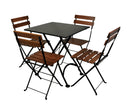 Outdoor furniture set with a black table and wooden chairs on a white background