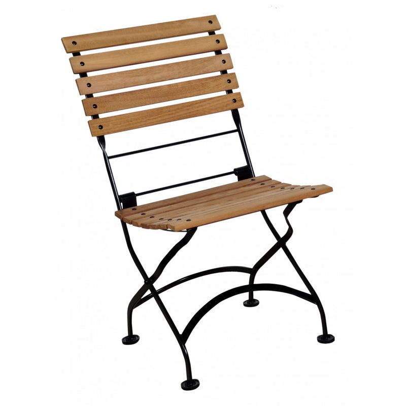 Wooden chair with black metal frame on a white background